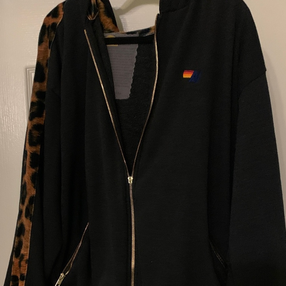 Aviator Nation Black Zip-Up Jacket with Leopard Print Accent